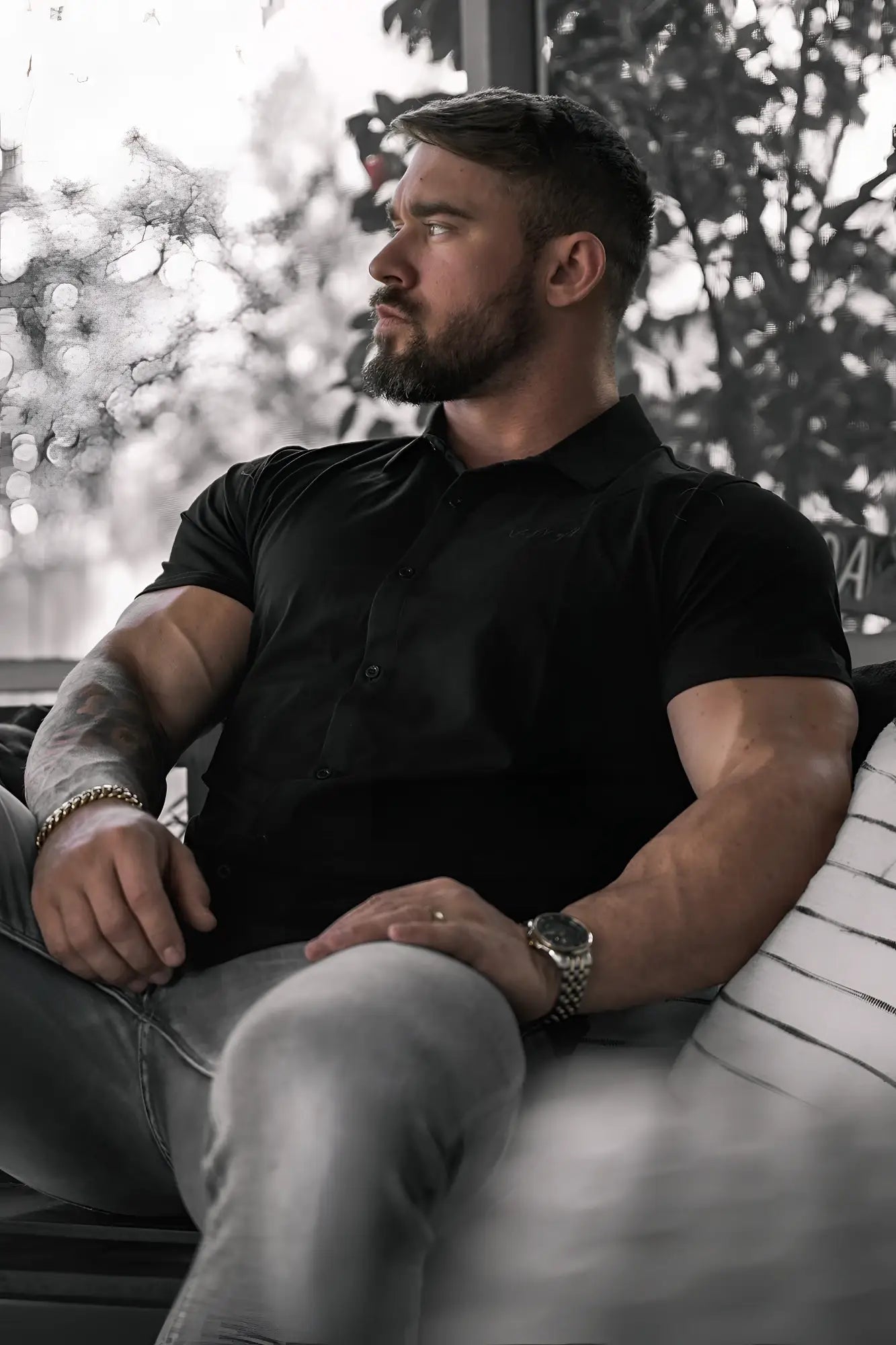 Black short-sleeved flex premium stretch button-up shirt in onyx black made from comfortable stretch fabric