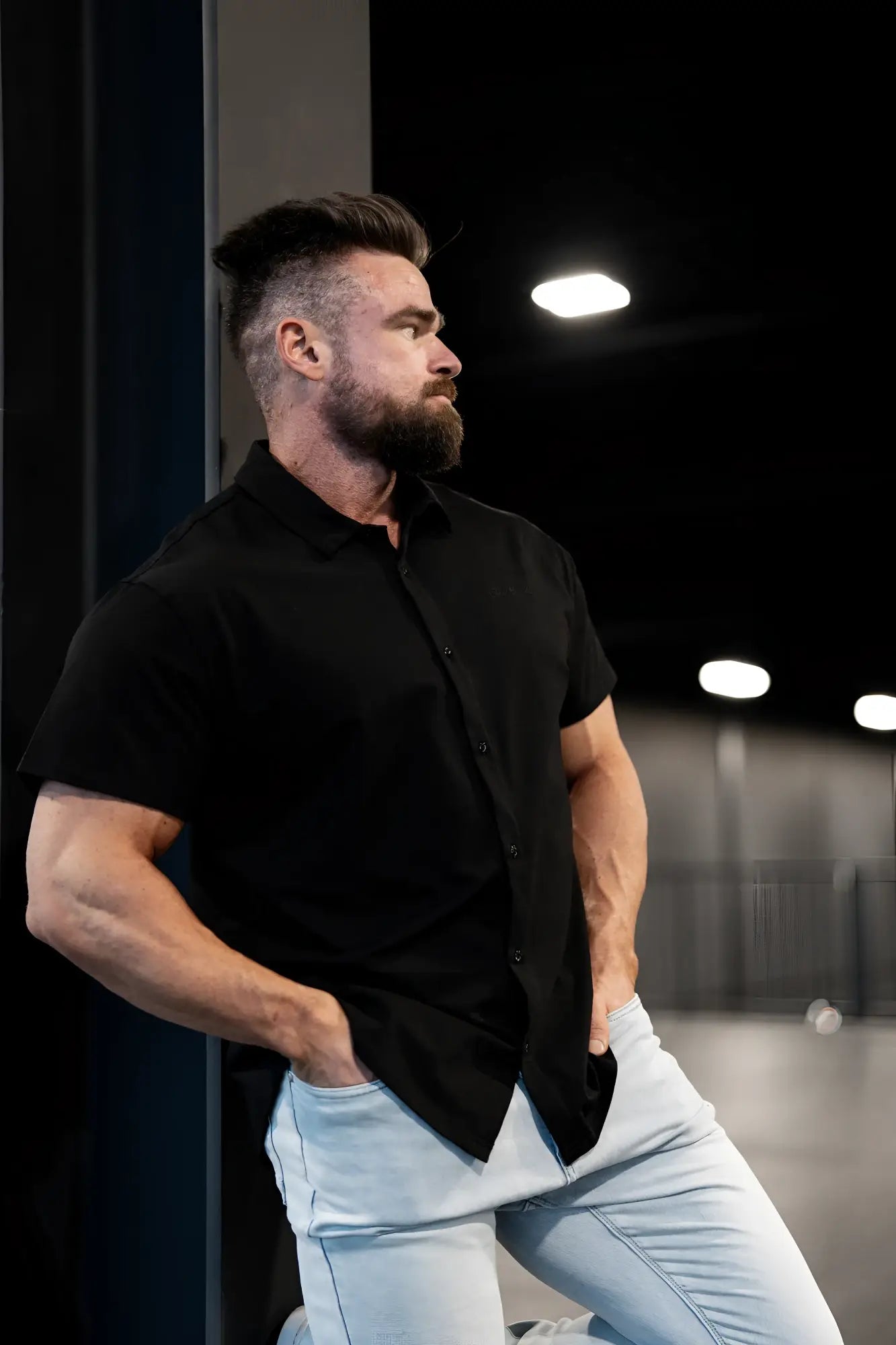 Black short-sleeved flex premium stretch button-up shirt in onyx black made for comfort and style