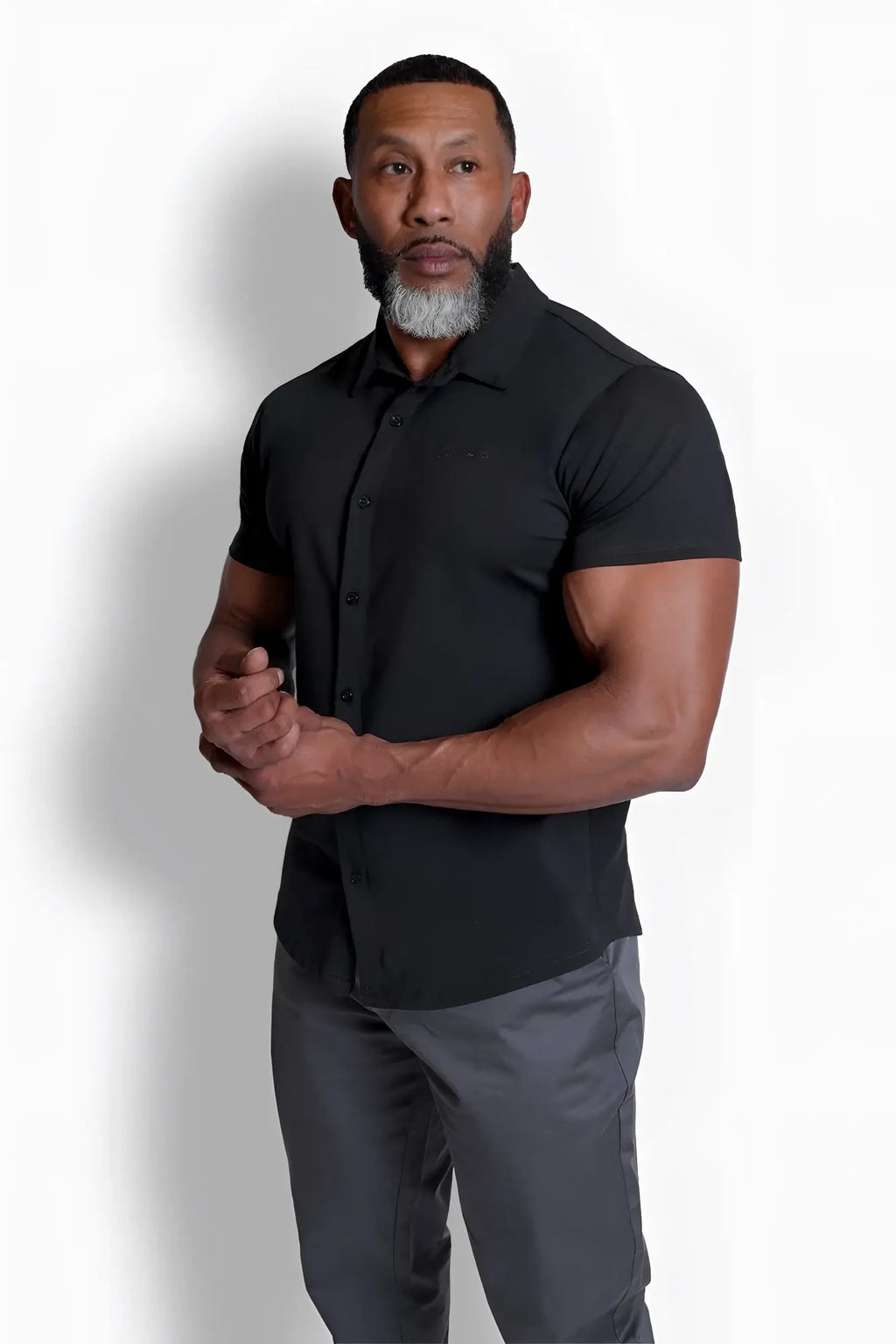 Flex premium stretch button-up shirt in onyx black with short sleeves and modern sleek design for comfortable wear