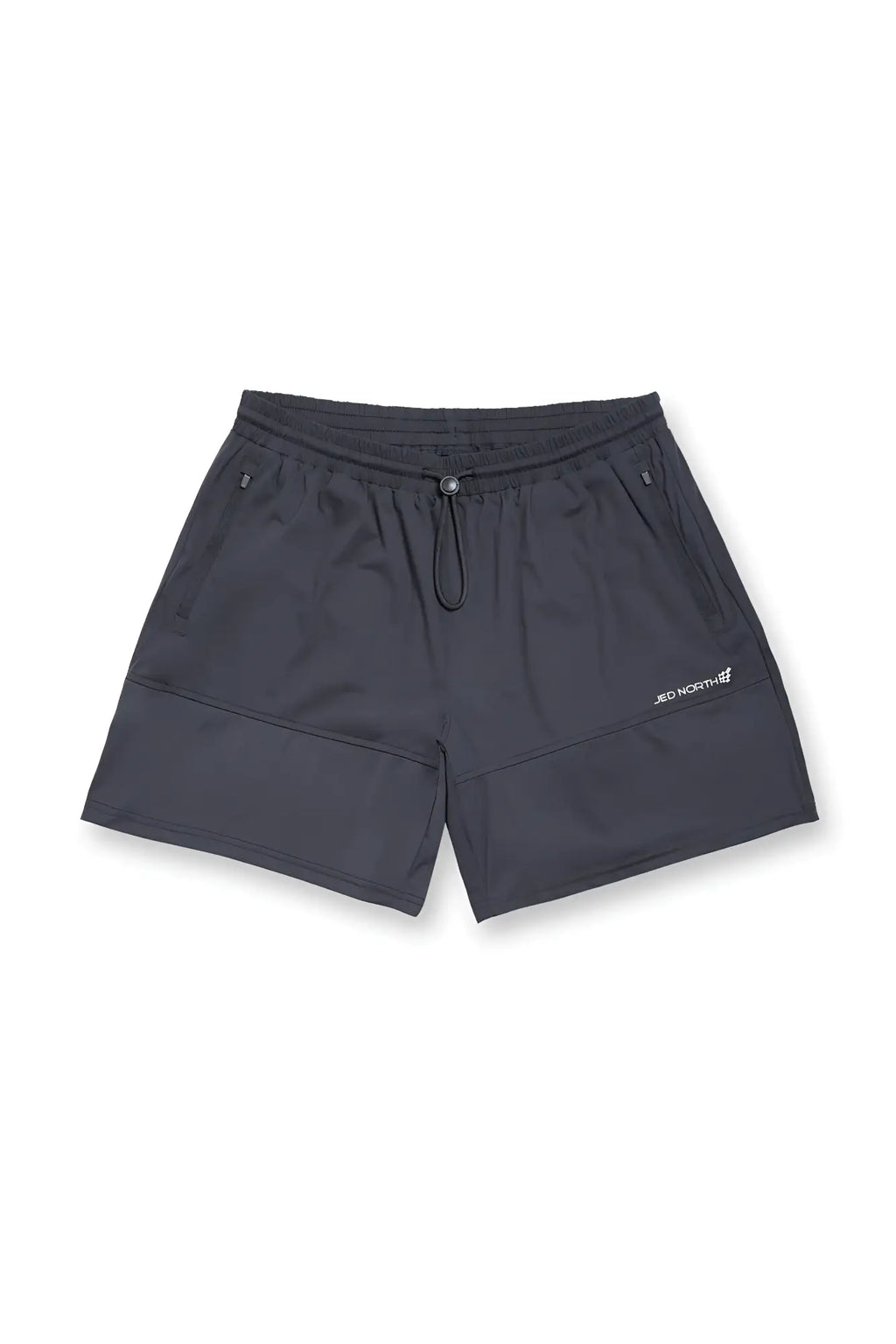 Fortis men’s athletic shorts in black feature a lightweight fabric drawstring waistband and subtle lower leg branding