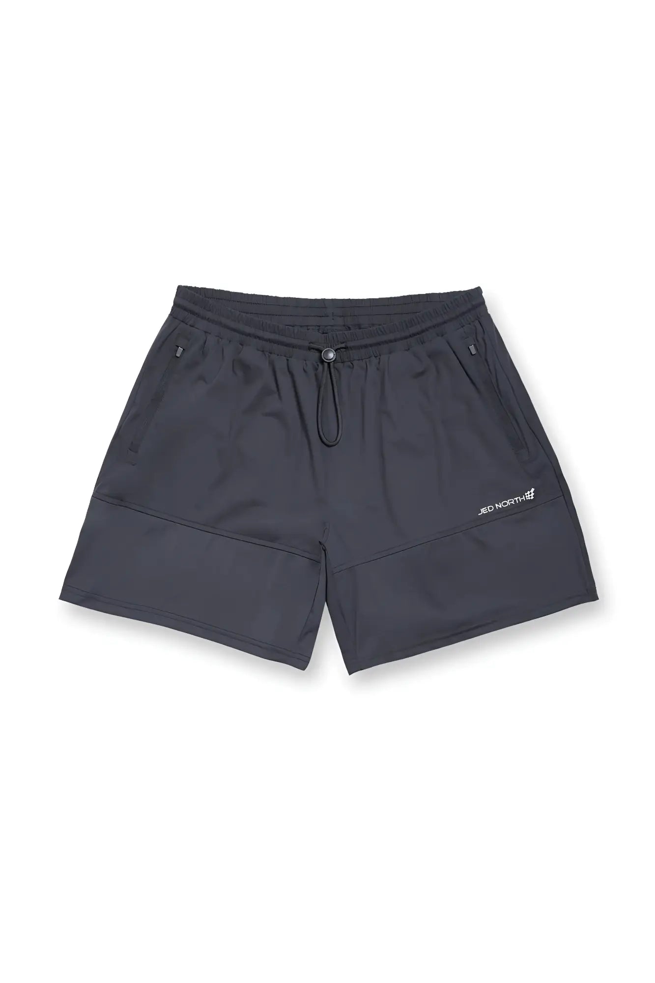 Fortis men’s athletic shorts in black feature a lightweight fabric drawstring waistband and subtle lower leg branding