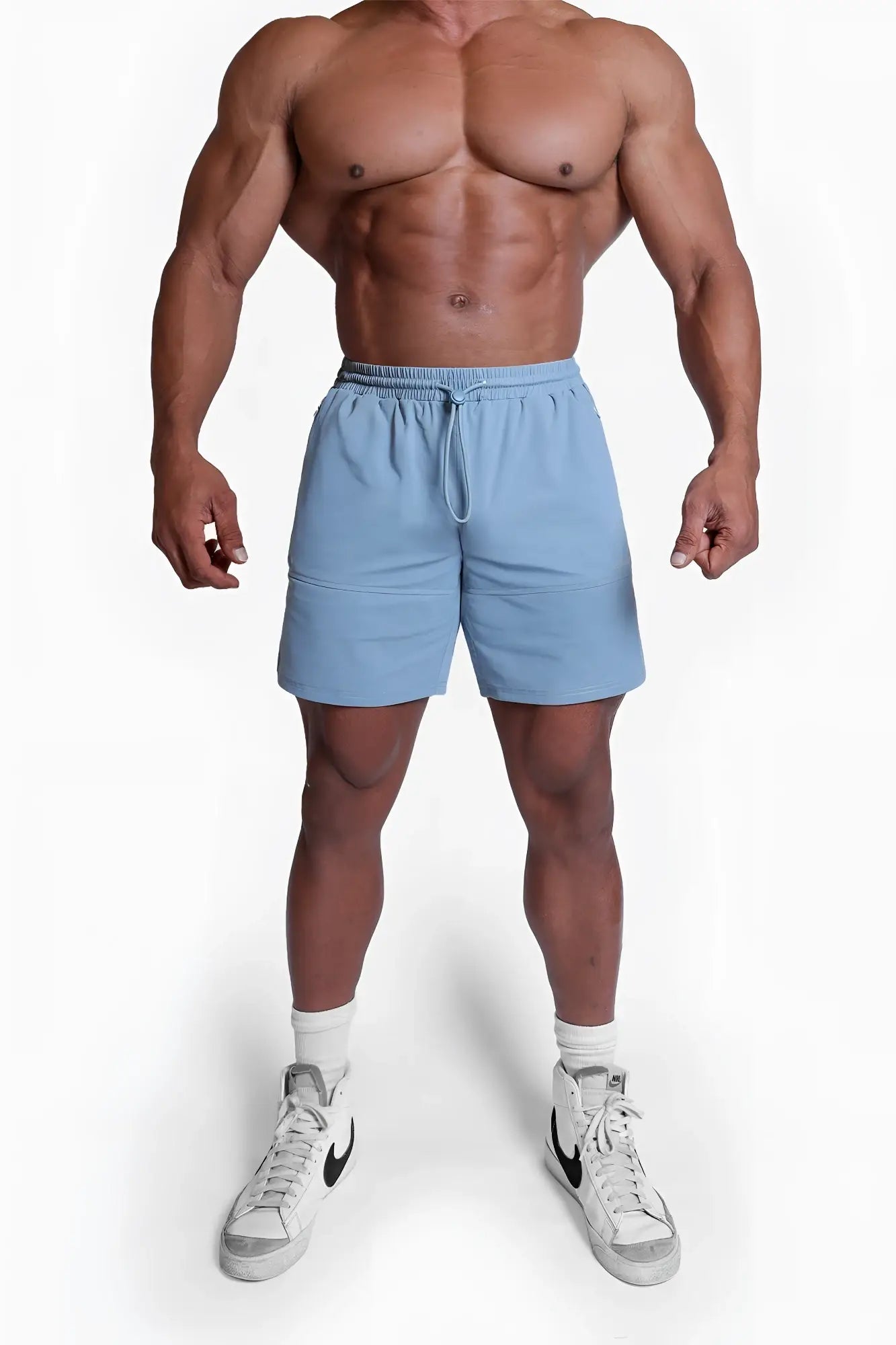 Fortis men’s light blue athletic shorts with elastic waistband and drawstring made of soft breathable fabric