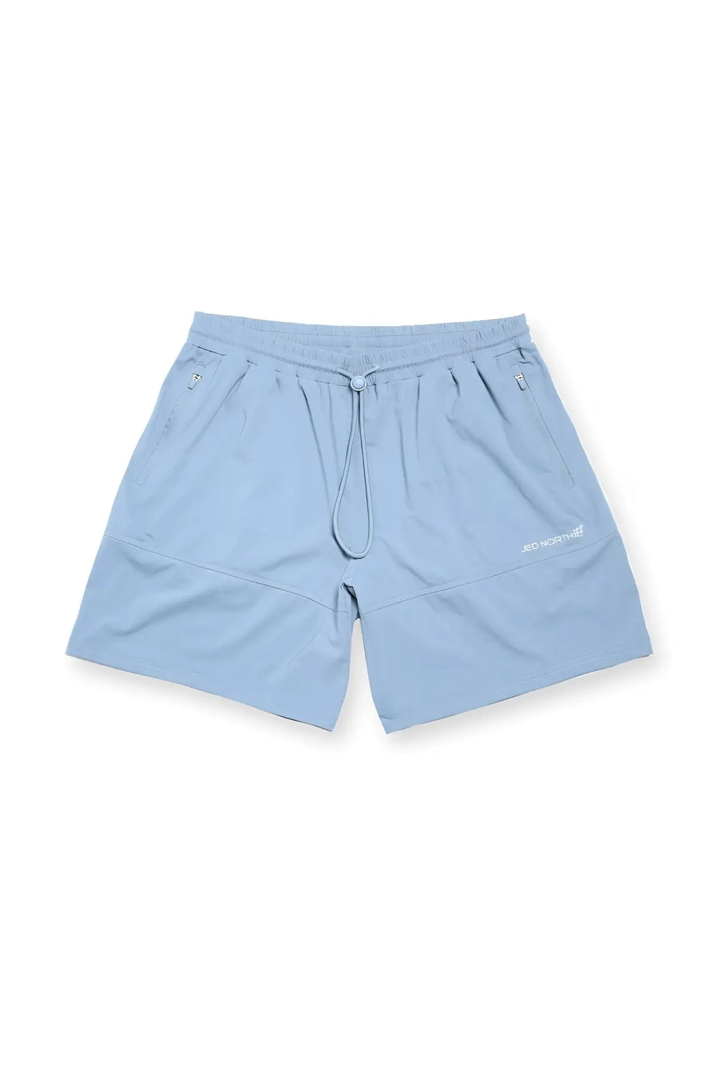 Fortis men’s light blue athletic shorts with lightweight fabric drawstring waistband and subtle brand logo on lower right leg