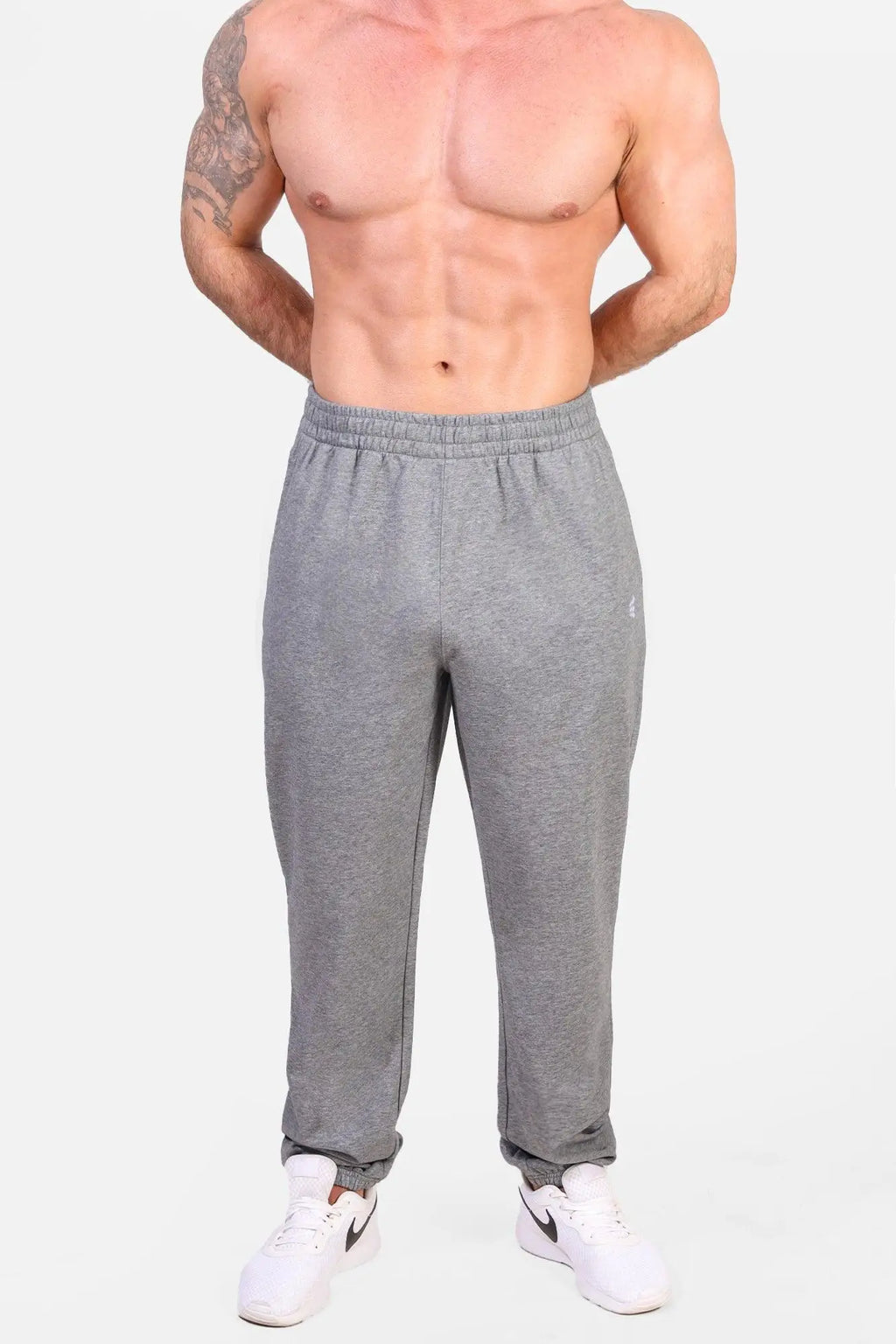 Gray heathered Jed North French Terry athletic training joggers with elastic waistband and cuffed ankles