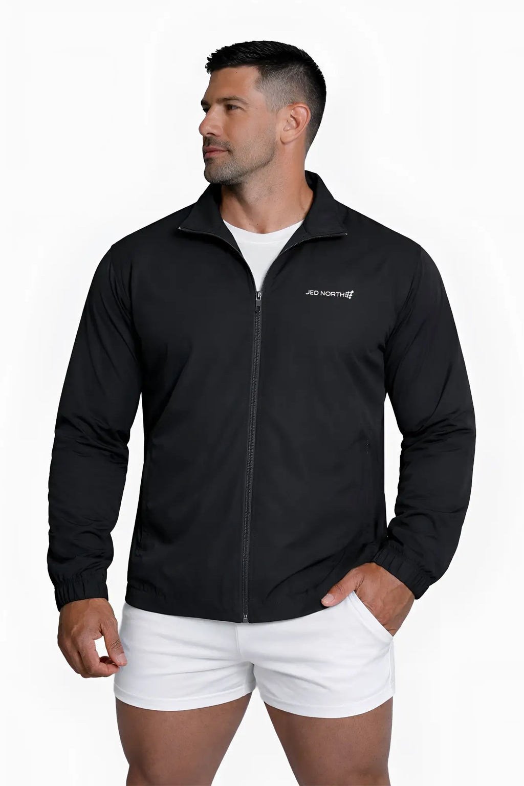 Full-zip training jacket in black with a subtle white logo on the left chest for athletic wear
