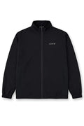 Black full-zip training jacket with subtle white embroidered logo on left chest for athletic use