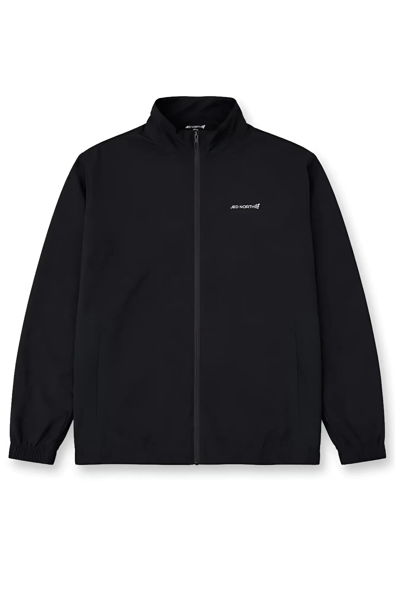 Black full-zip training jacket with subtle white embroidered logo on left chest for athletic use