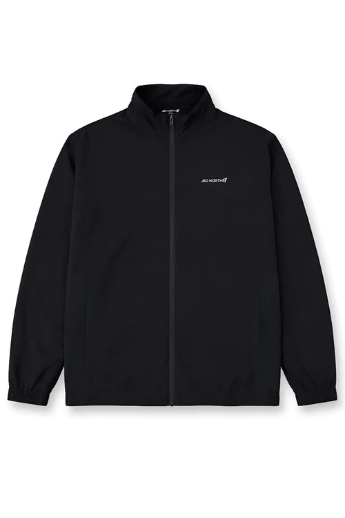 Black full-zip training jacket with subtle white embroidered logo on left chest for athletic use