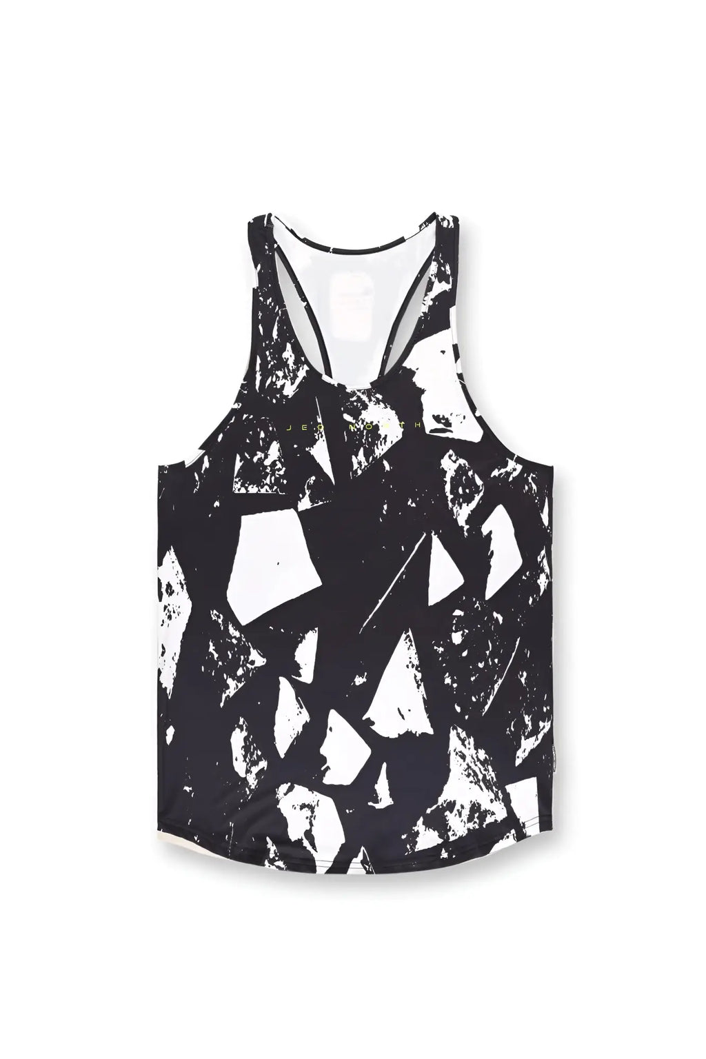 Black and white abstract geometric patterned racerback tank top with muscle stringer design seen from the back