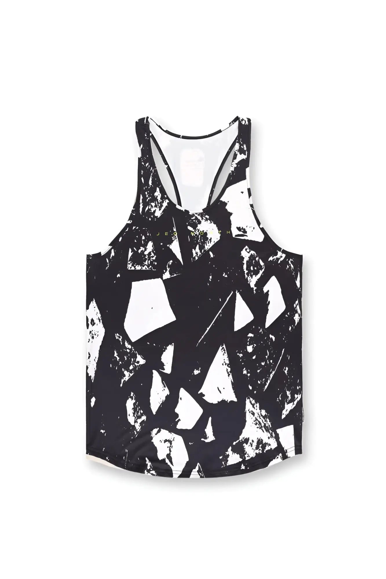 Black and white abstract geometric patterned racerback tank top with muscle stringer design seen from the back