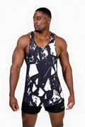 Abstract black graphic muscle stringer tank top with black and white geometric pattern and lightweight fabric