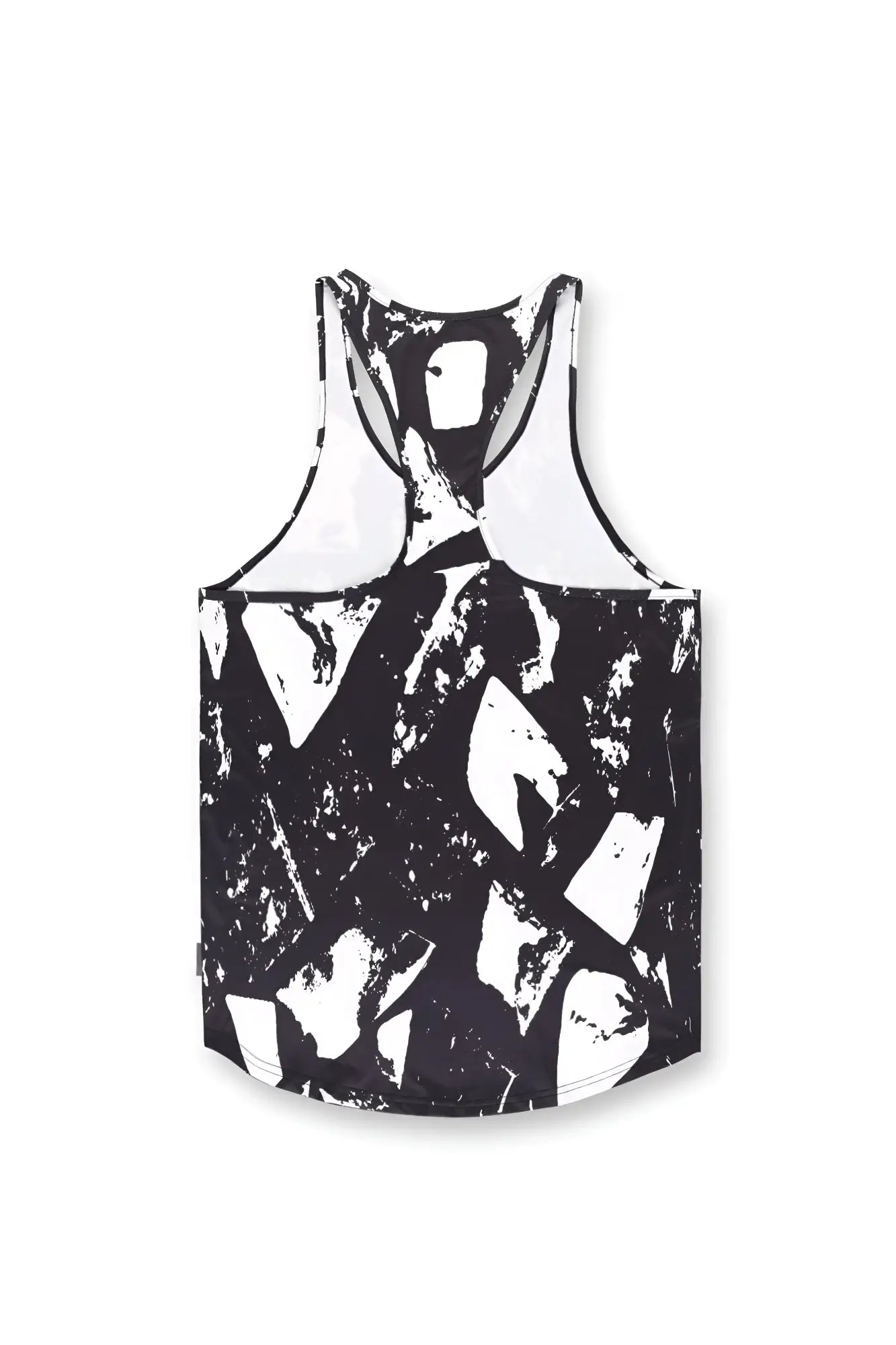 Abstract black graphic muscle stringer tank top with black and white geometric pattern and racerback design back view
