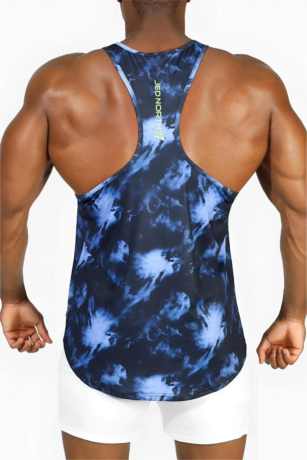 Blue and black tie-dye athletic tank top with jednor branding on the back for training and casual wear