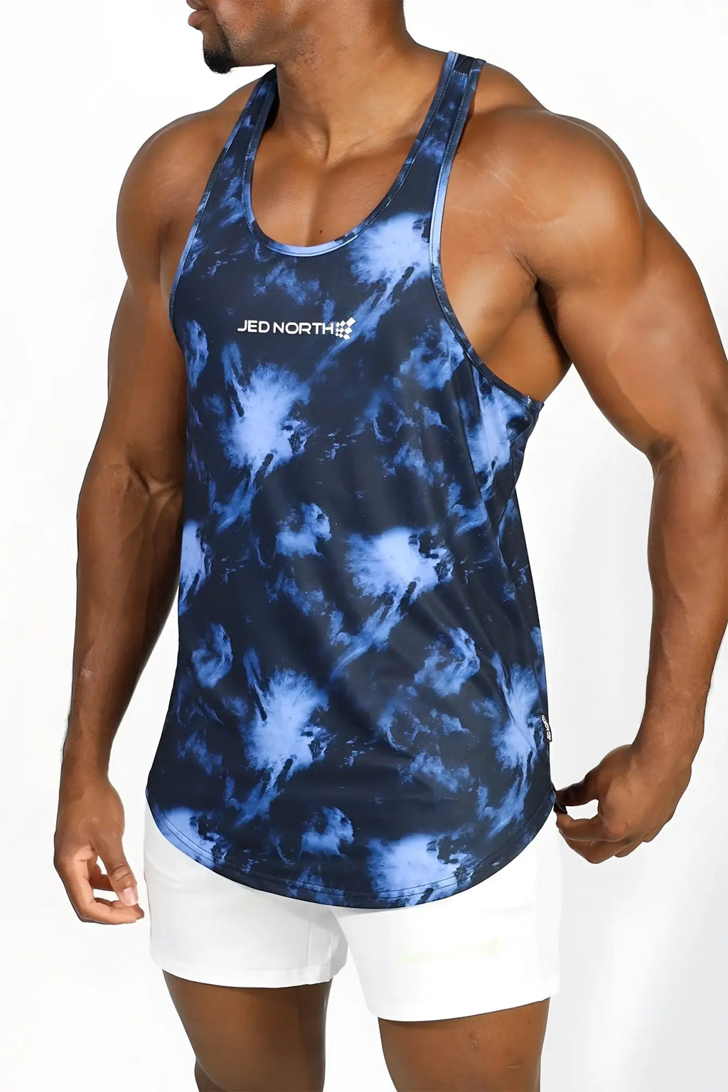 Blue and navy tie-dye muscle tank top with jed north branding designed for workout and casual wear