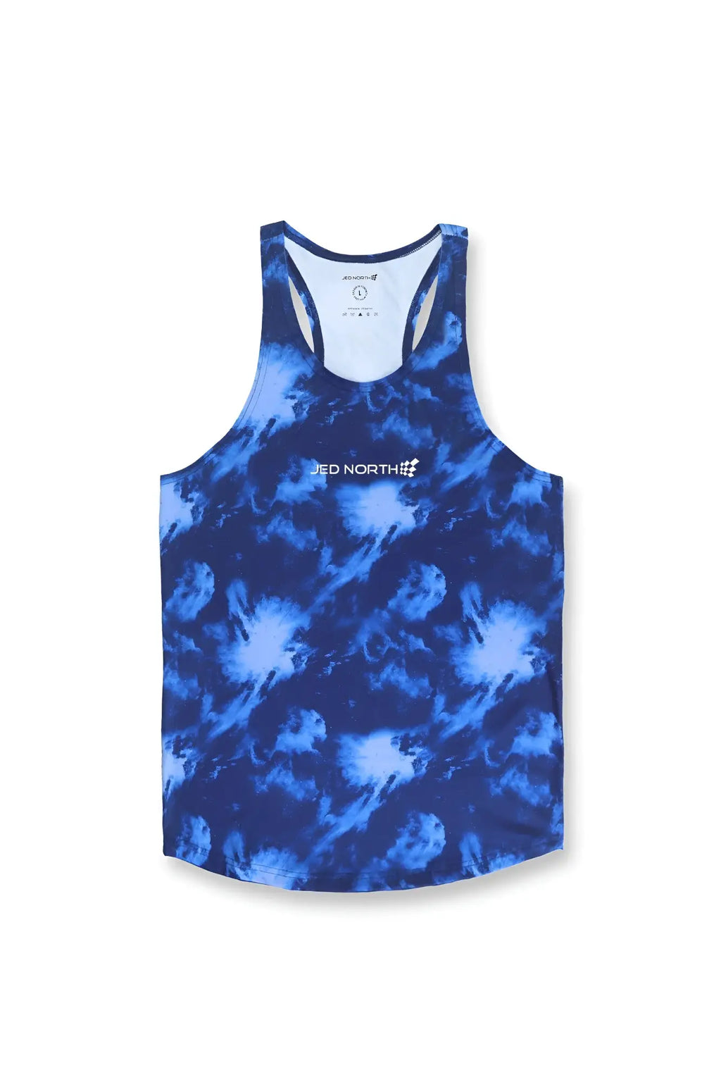 Blue tie-dye jed north graphic muscle stringer tank top with white logo on chest for athletic use