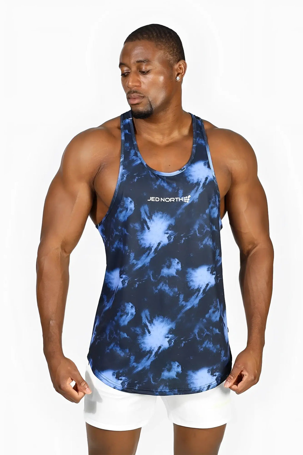 Blue tie dye tank top with jed north branding featuring graphic muscle stringer design in abstract blue