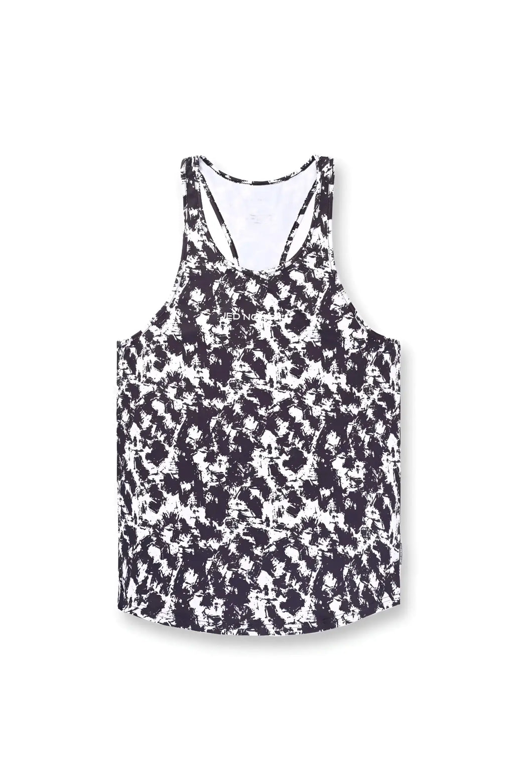 Back view of jed north graphic muscle stringer tank top in black and white abstract pattern with crisscross straps