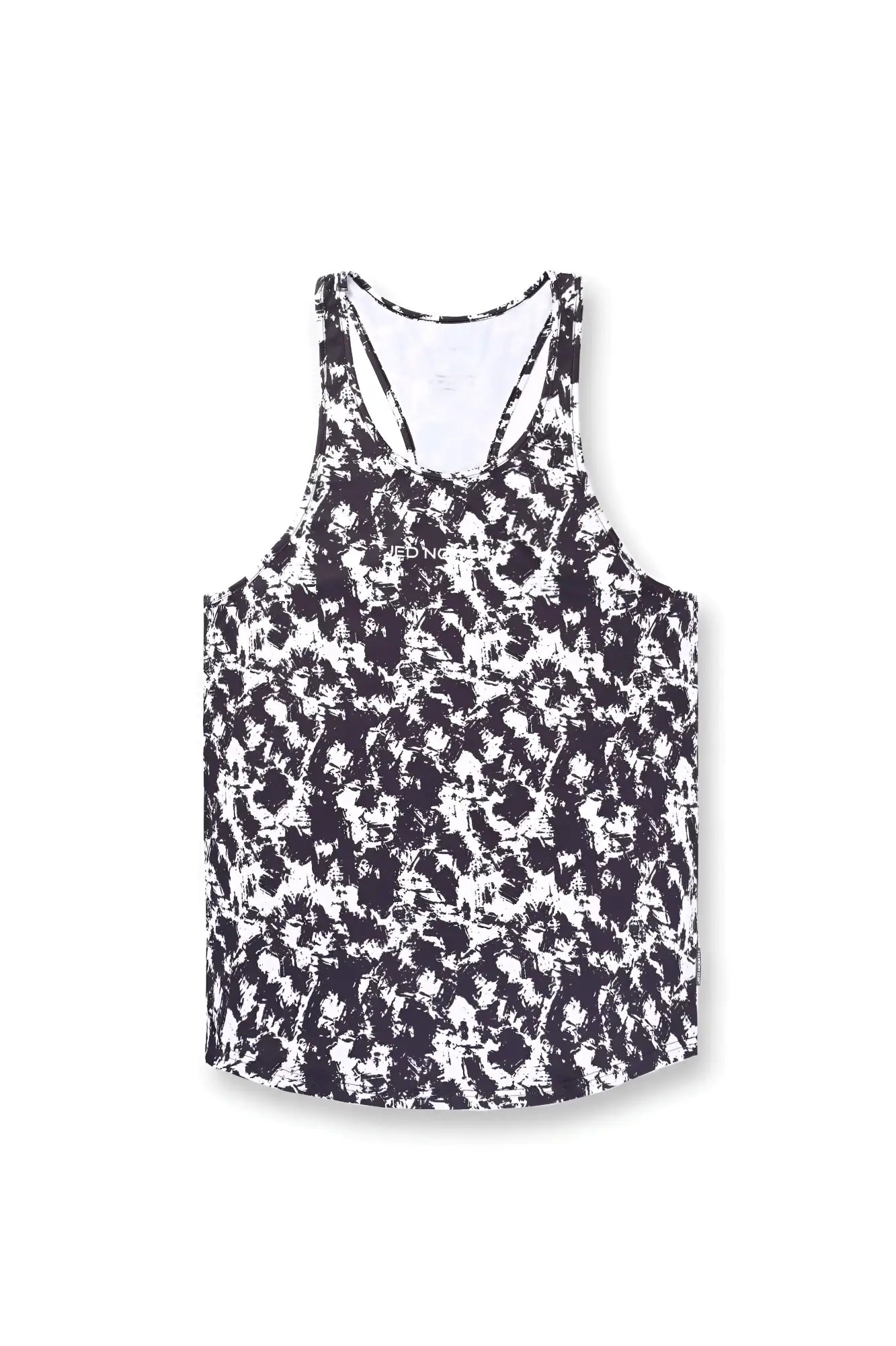 Back view of jed north graphic muscle stringer tank top in black and white abstract pattern with crisscross straps