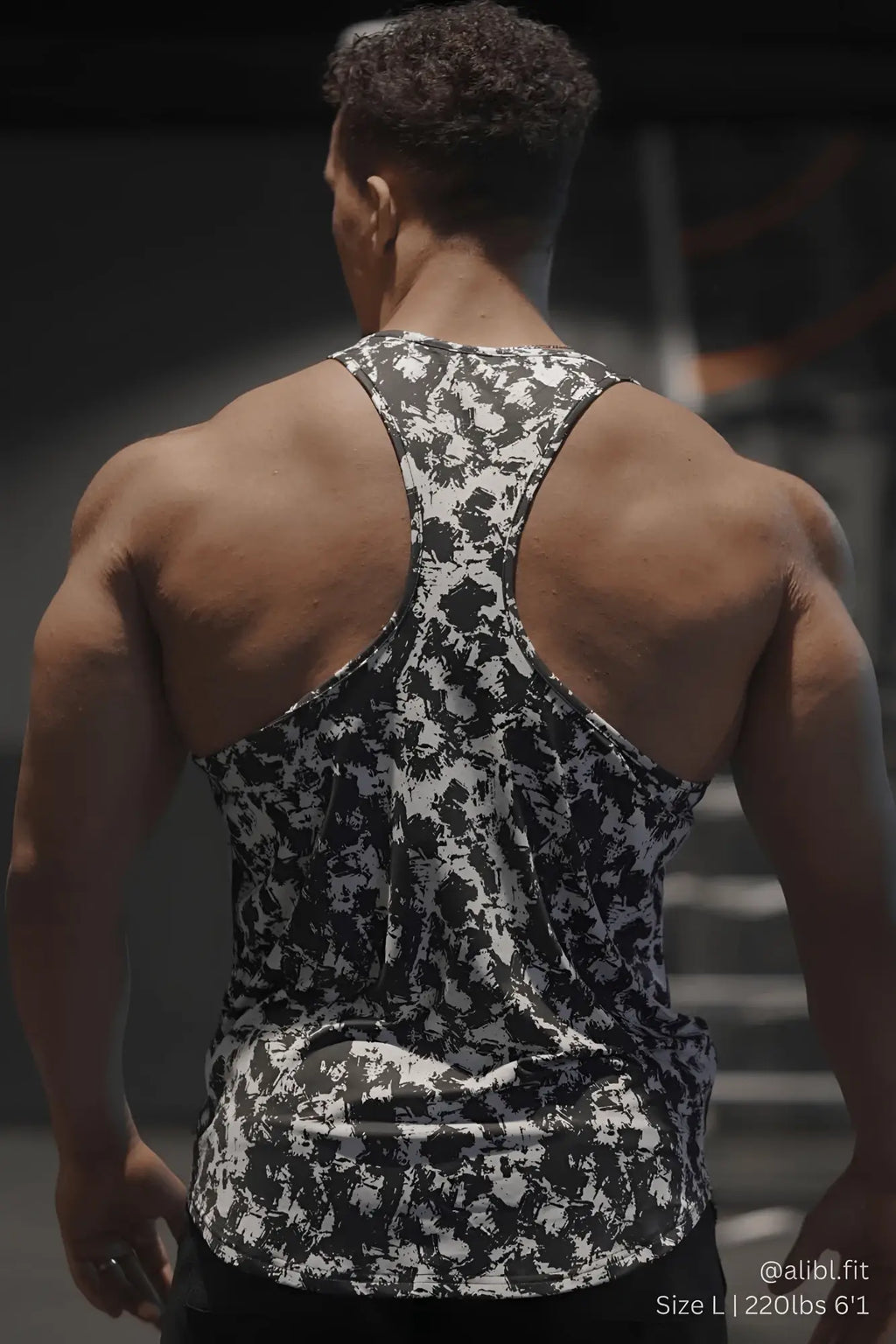 Jed north graphic muscle stringer tank top in black and white abstract paint brush pattern for gym and casual wear