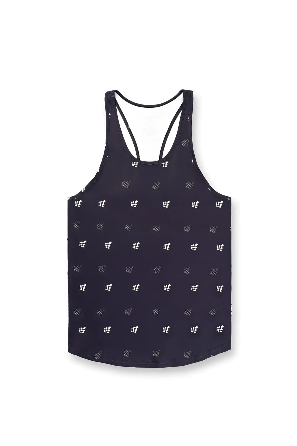 Black jed north muscle stringer tank top with subtle white geometric pattern and racerback design