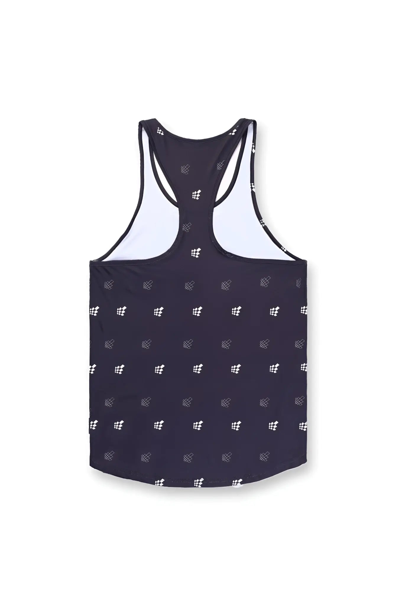 Jed North graphic muscle stringer black racerback tank top with white geometric pattern and contrasting white lining