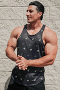 Black Jed North graphic muscle stringer tank top with subtle white geometric pattern and JN logo on front