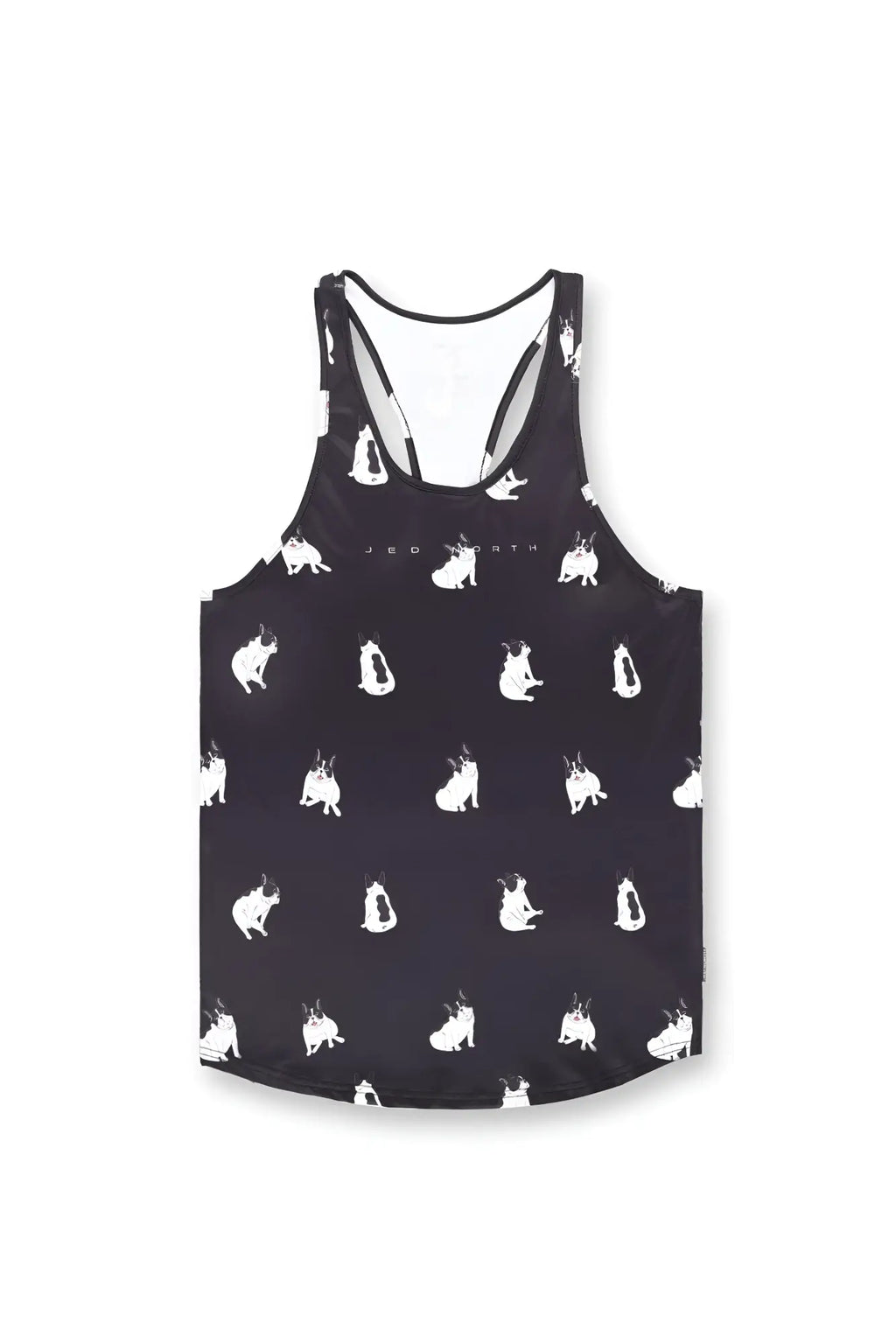 Black racerback tank top with white french bulldog silhouette pattern graphic muscle stringer bulldogs design