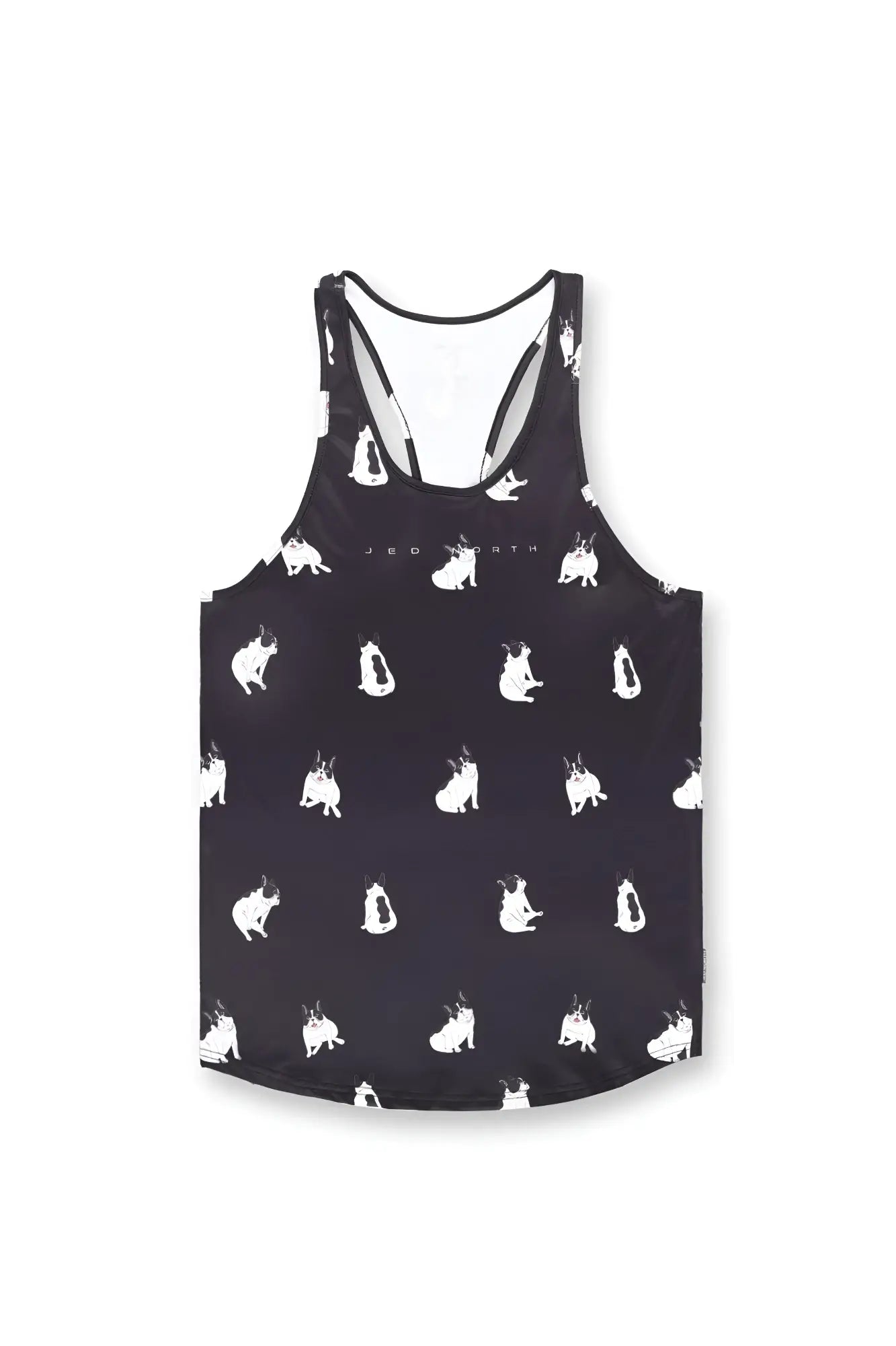 Black racerback tank top with white french bulldog silhouette pattern graphic muscle stringer bulldogs design