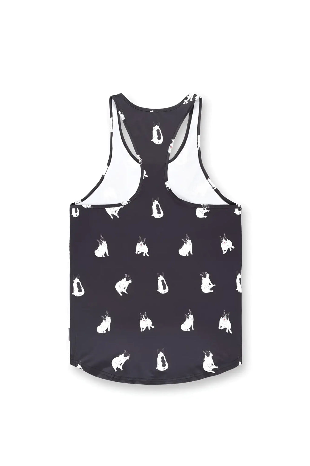 Black racerback tank top with white french bulldog silhouette prints perfect for casual wear and workouts