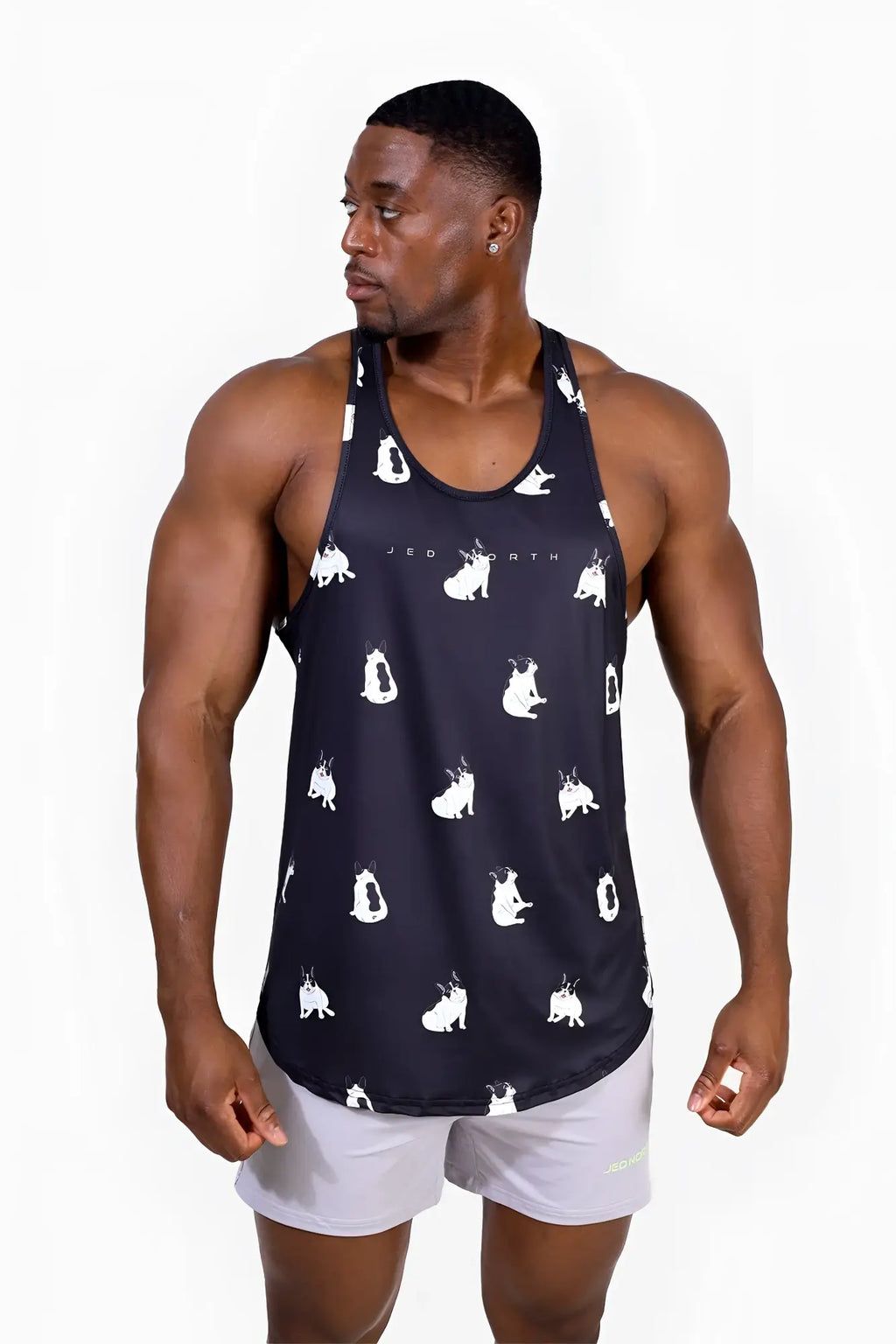 Black muscle stringer tank top with white bulldog silhouettes printed all over the fabric for casual wear