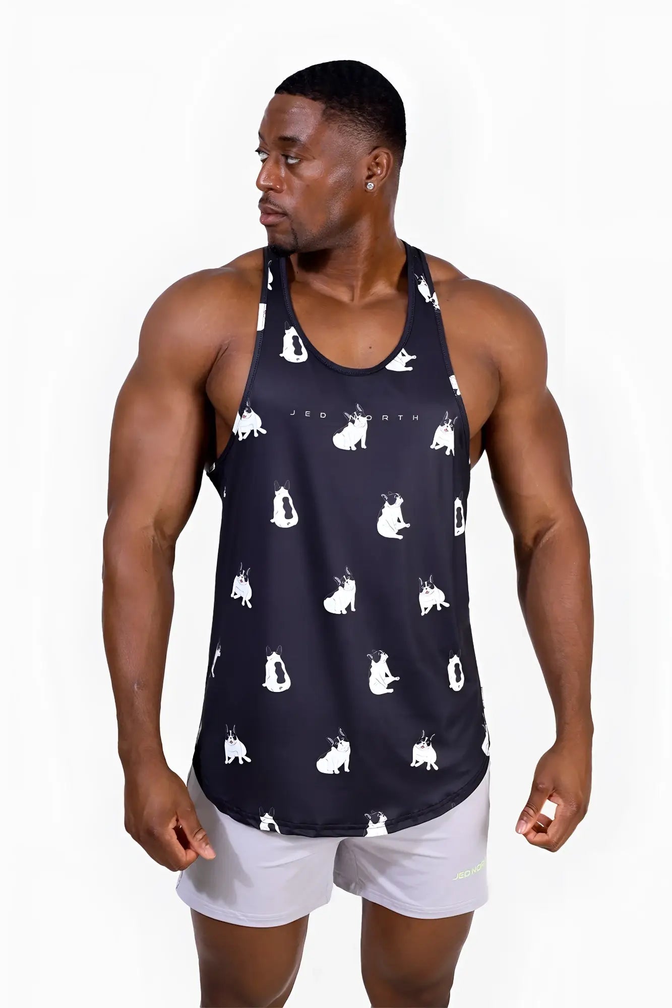 Black muscle stringer tank top with white bulldog silhouettes printed all over the fabric for casual wear