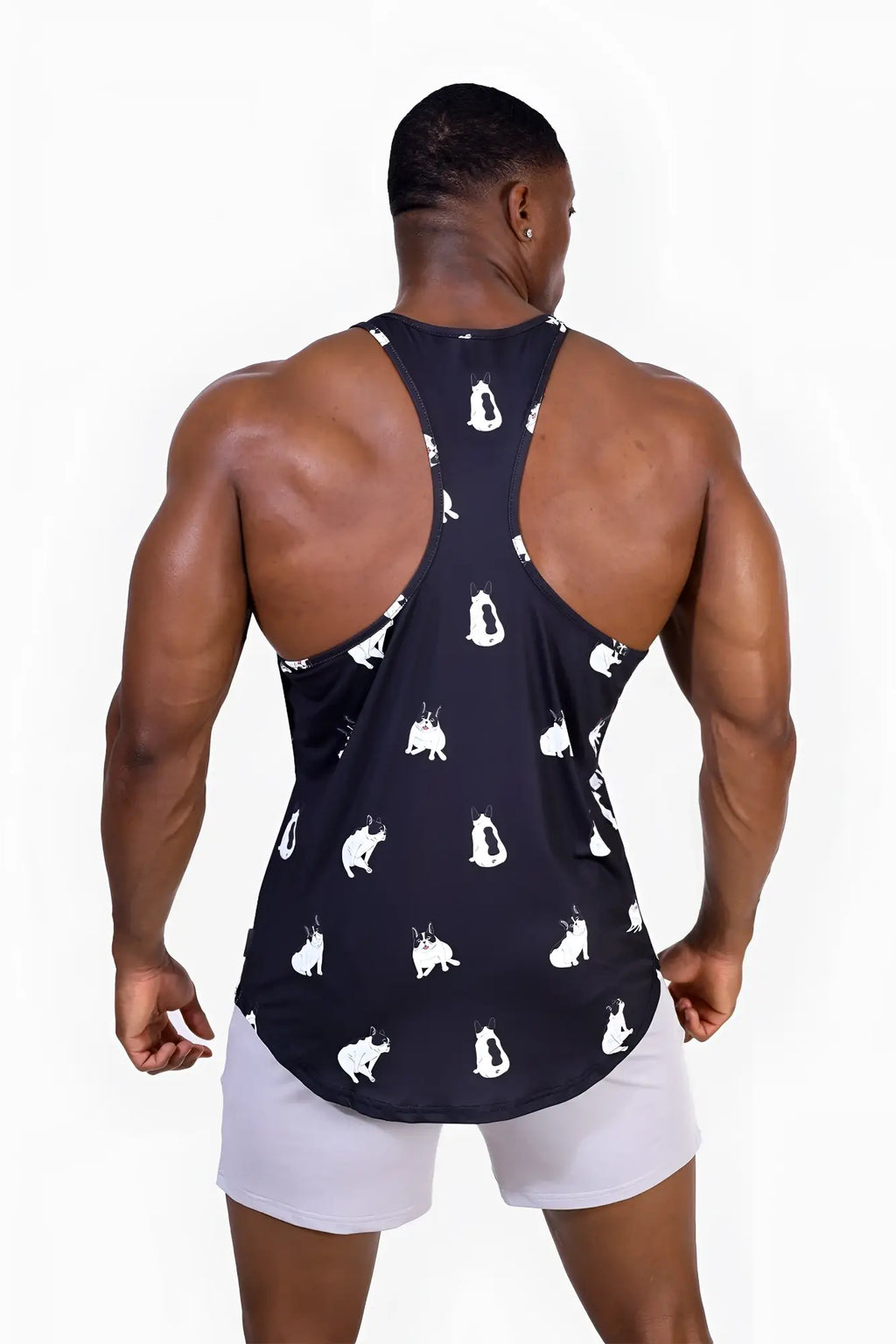 Black graphic muscle stringer tank top with white cartoon bulldog prints perfect for casual wear