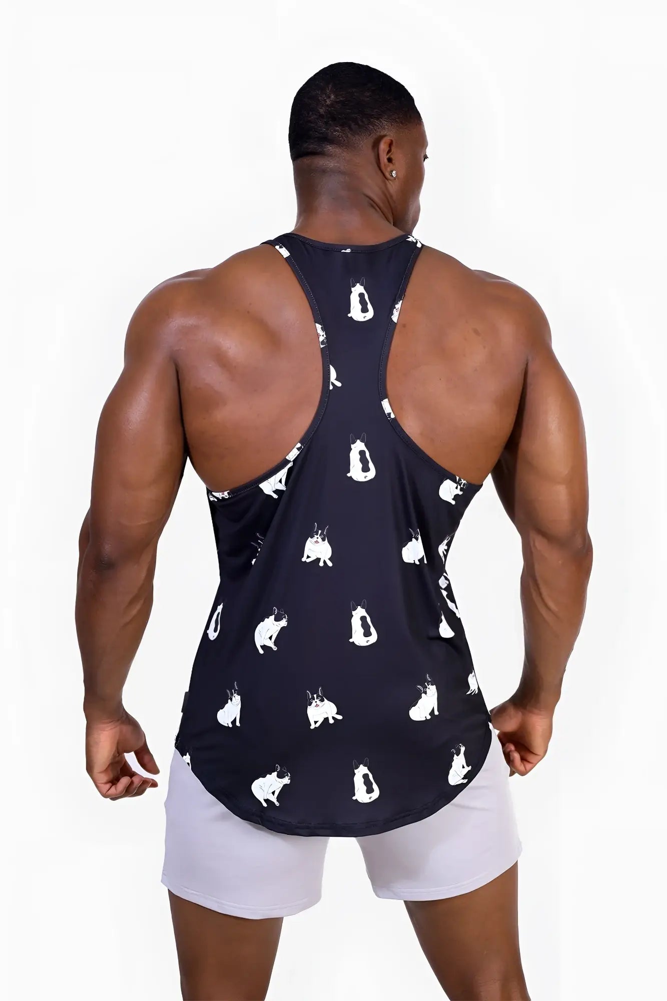 Black graphic muscle stringer tank top with white cartoon bulldog prints perfect for casual wear