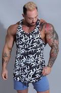 Jed North graphic muscle stringer tank top in chaotic black with black and white graffiti style print for workouts