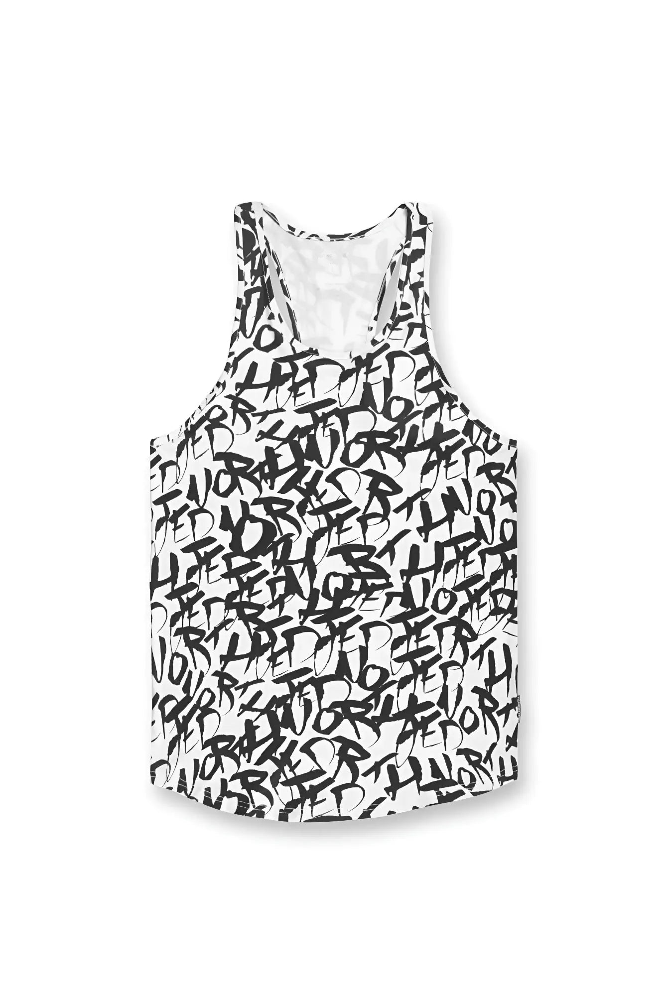 White Jed North graphic muscle stringer tank top in chaotic white with black graffiti style lettering