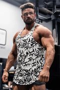 White muscle stringer tank top by jed north featuring black graffiti-style lettering on chaotic white fabric