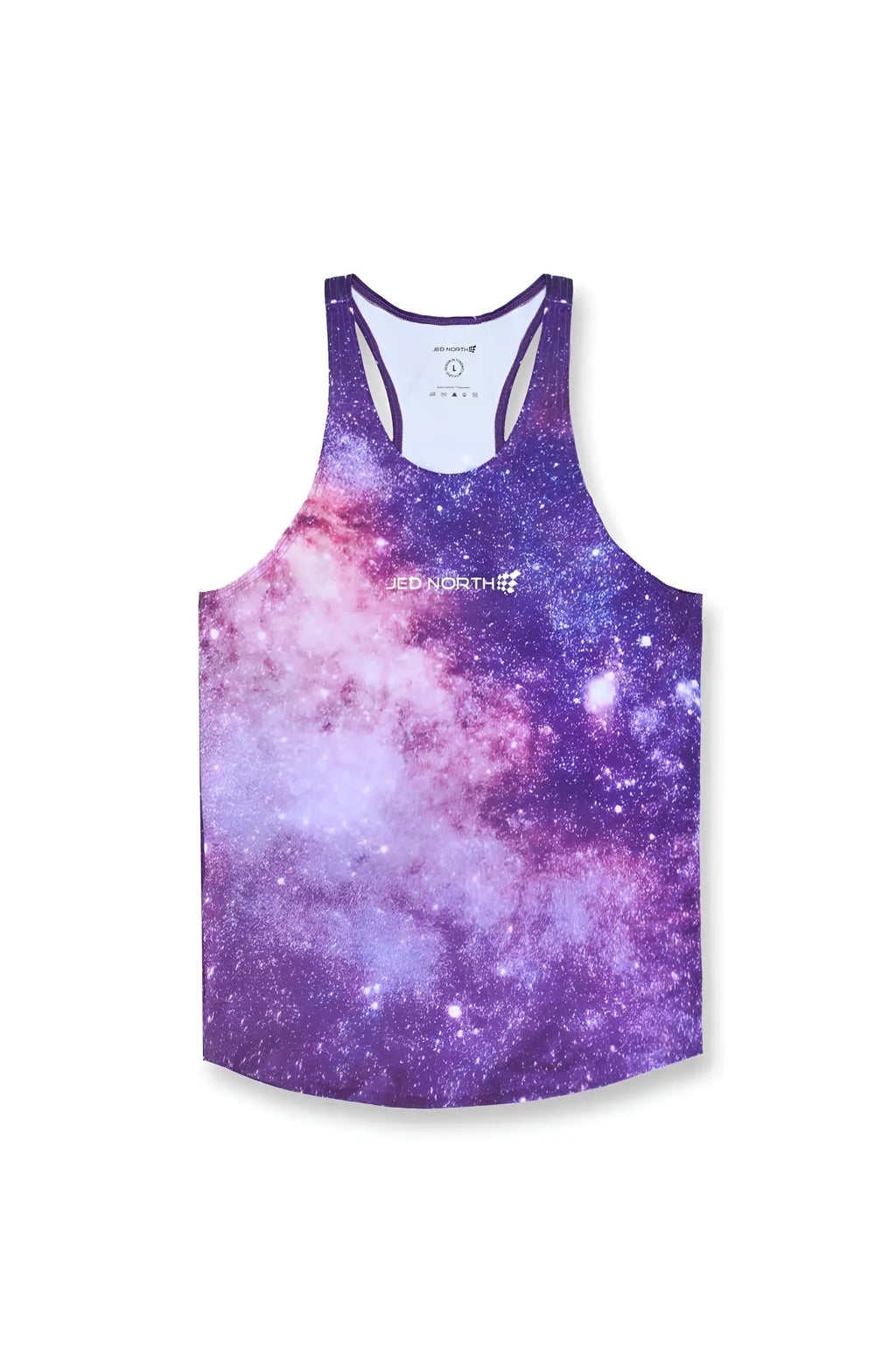 Jed North graphic muscle stringer racerback tank top in purple and pink galaxy print with subtle white logo center