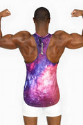 Jed North graphic muscle stringer galactic tank top with a vibrant purple pink galaxy nebula print and sparkling stars