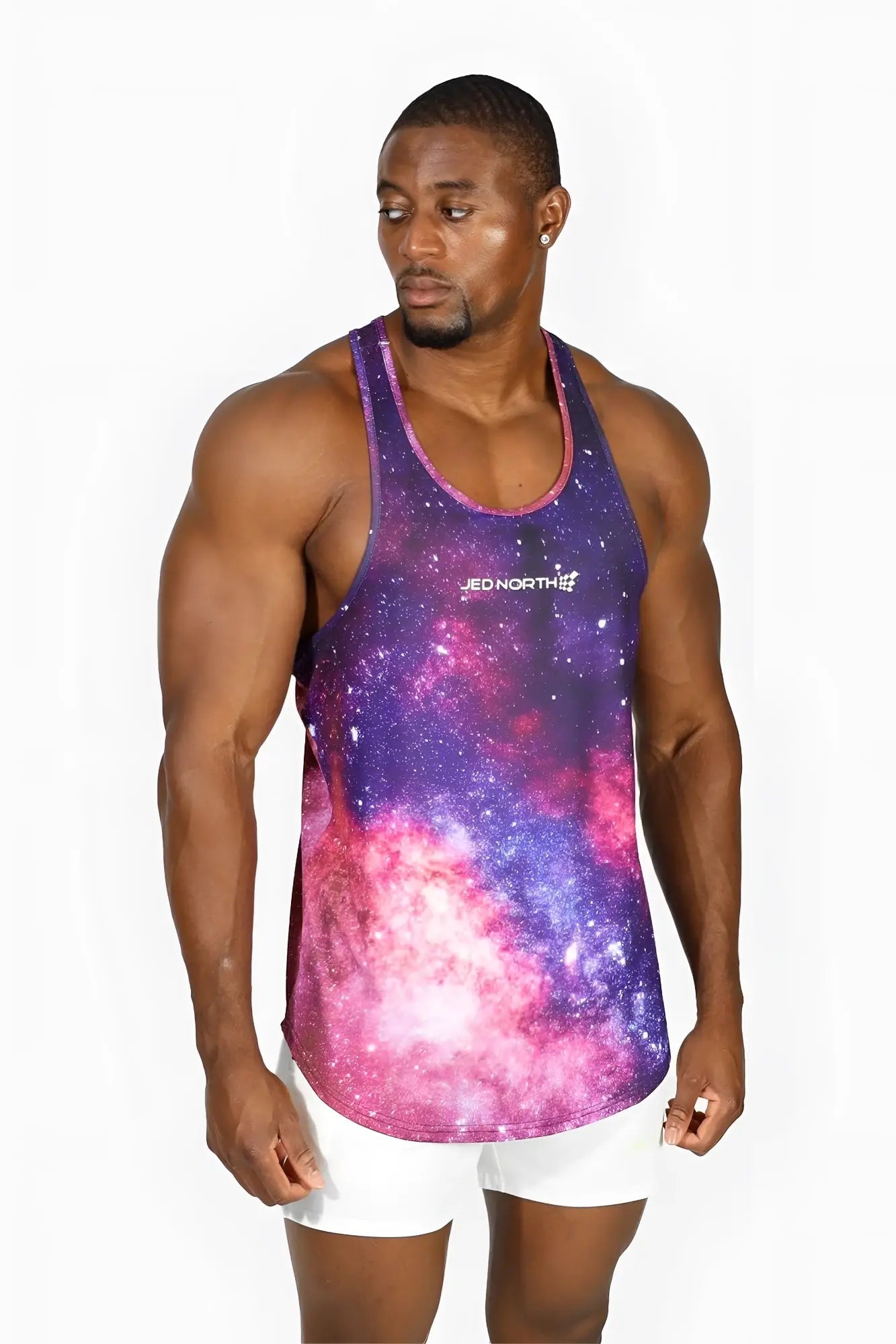 Jed north graphic muscle stringer galactic tank top with vibrant purple pink and white galaxy nebula print