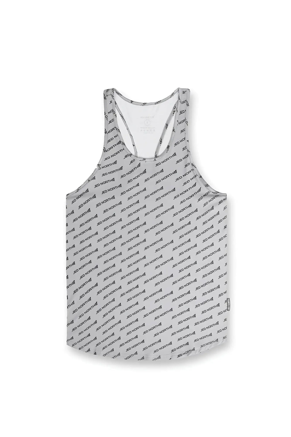Jed North graphic muscle stringer gray tank top with repeating black ad north text pattern fabric