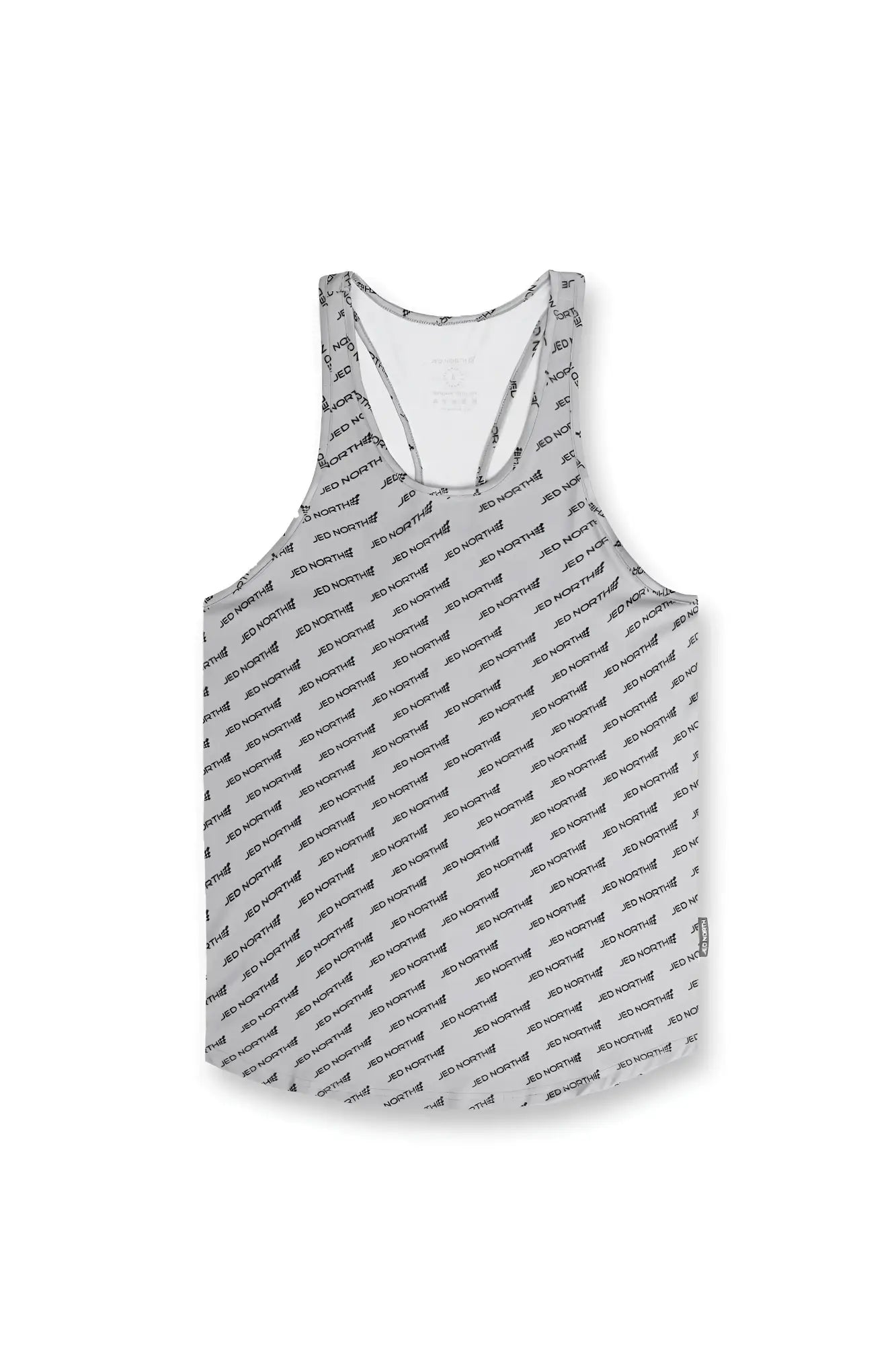 Jed North graphic muscle stringer gray tank top with repeating black ad north text pattern fabric