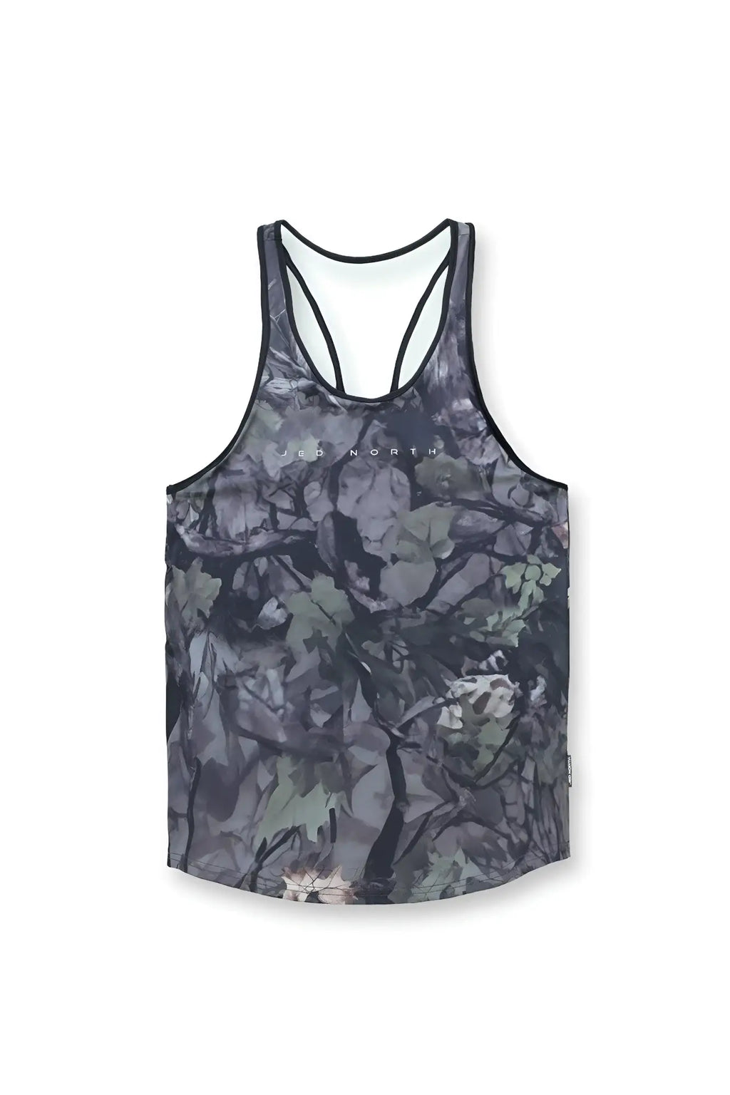 Gray and green hunter camo racerback tank top with black trim by jed north featuring a graphic muscle stringer design