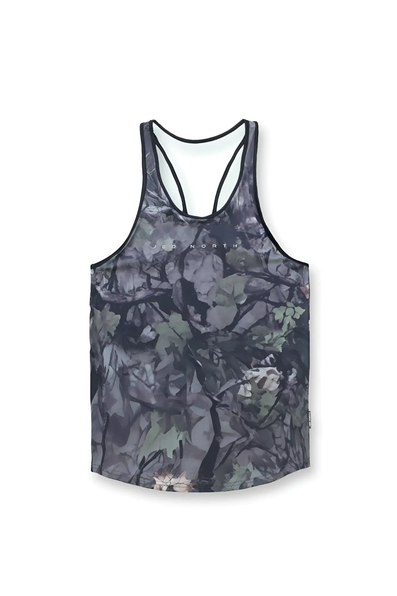 Gray and green hunter camo racerback tank top with black trim by jed north featuring a graphic muscle stringer design