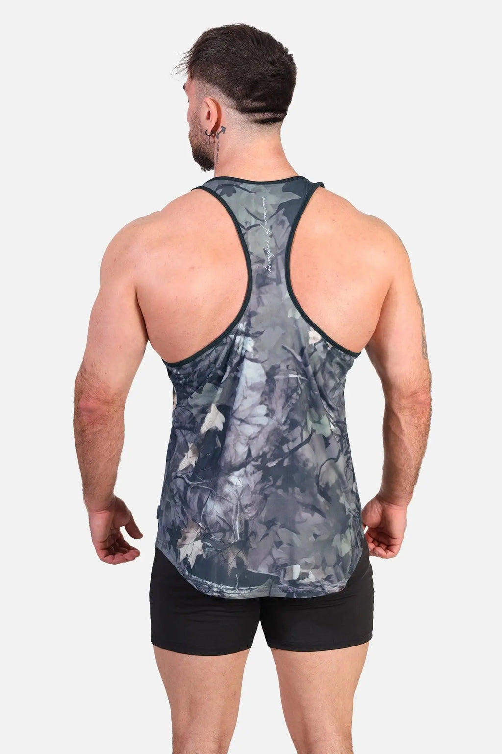 A men’s jed north graphic muscle stringer tank top with hunter camo pattern in gray and black with dark trim
