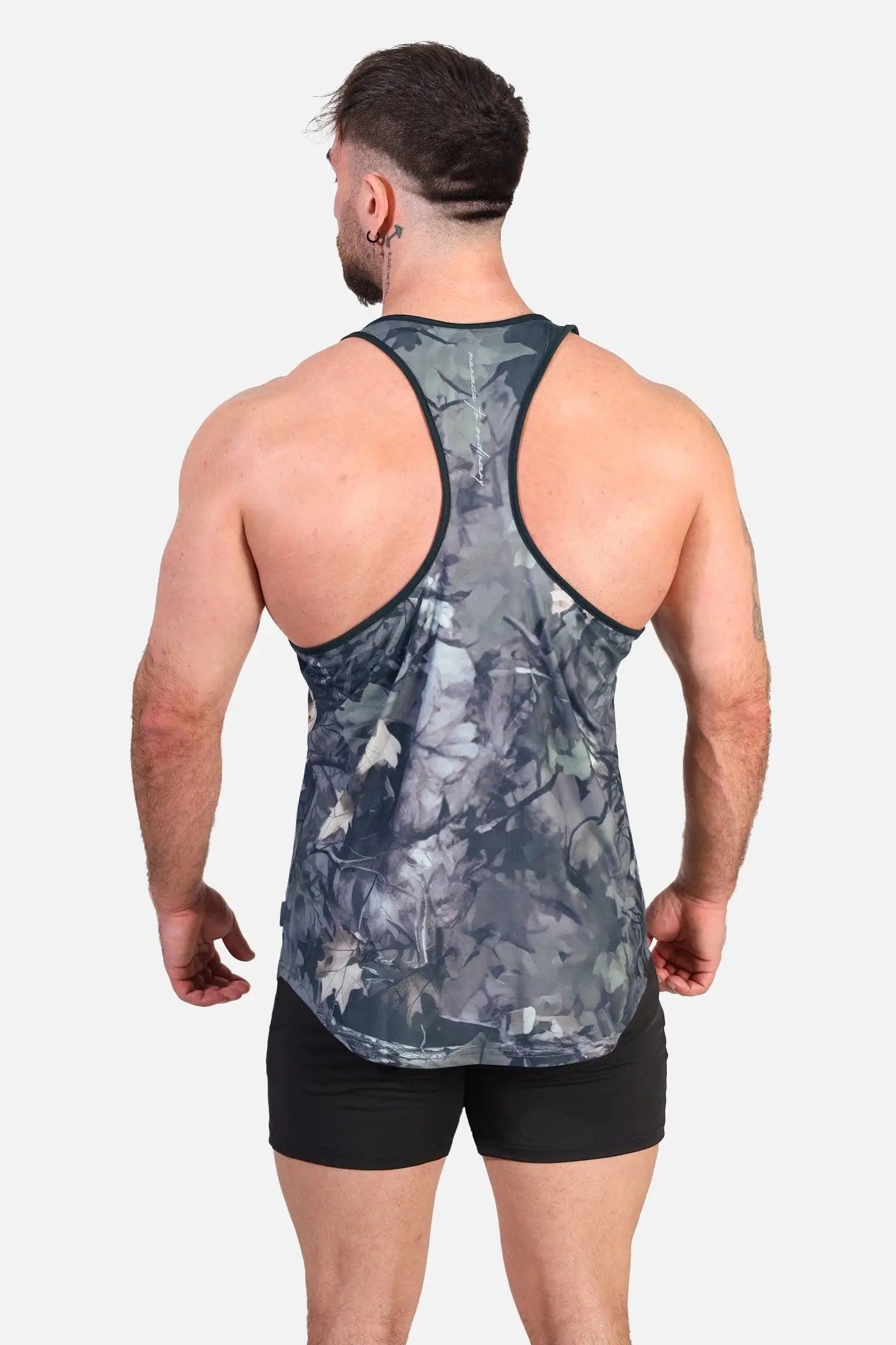 A men’s jed north graphic muscle stringer tank top with hunter camo pattern in gray and black with dark trim
