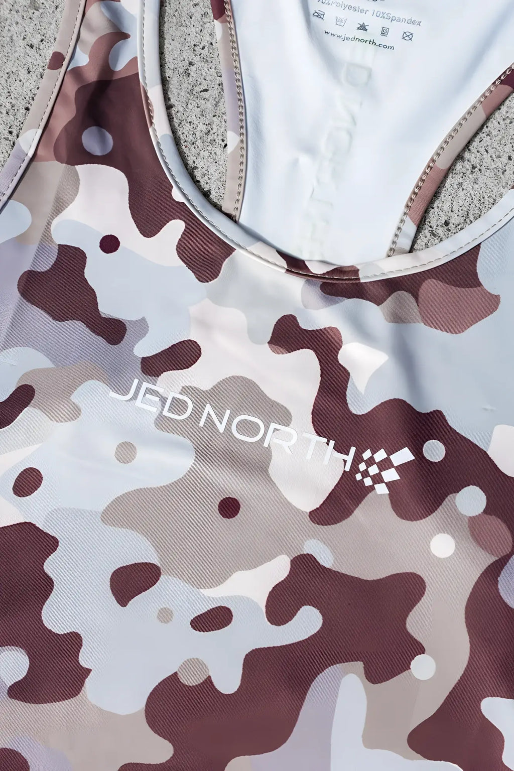 Jed North graphic muscle stringer khaki camo tank top with brown beige white camouflage and logo on chest