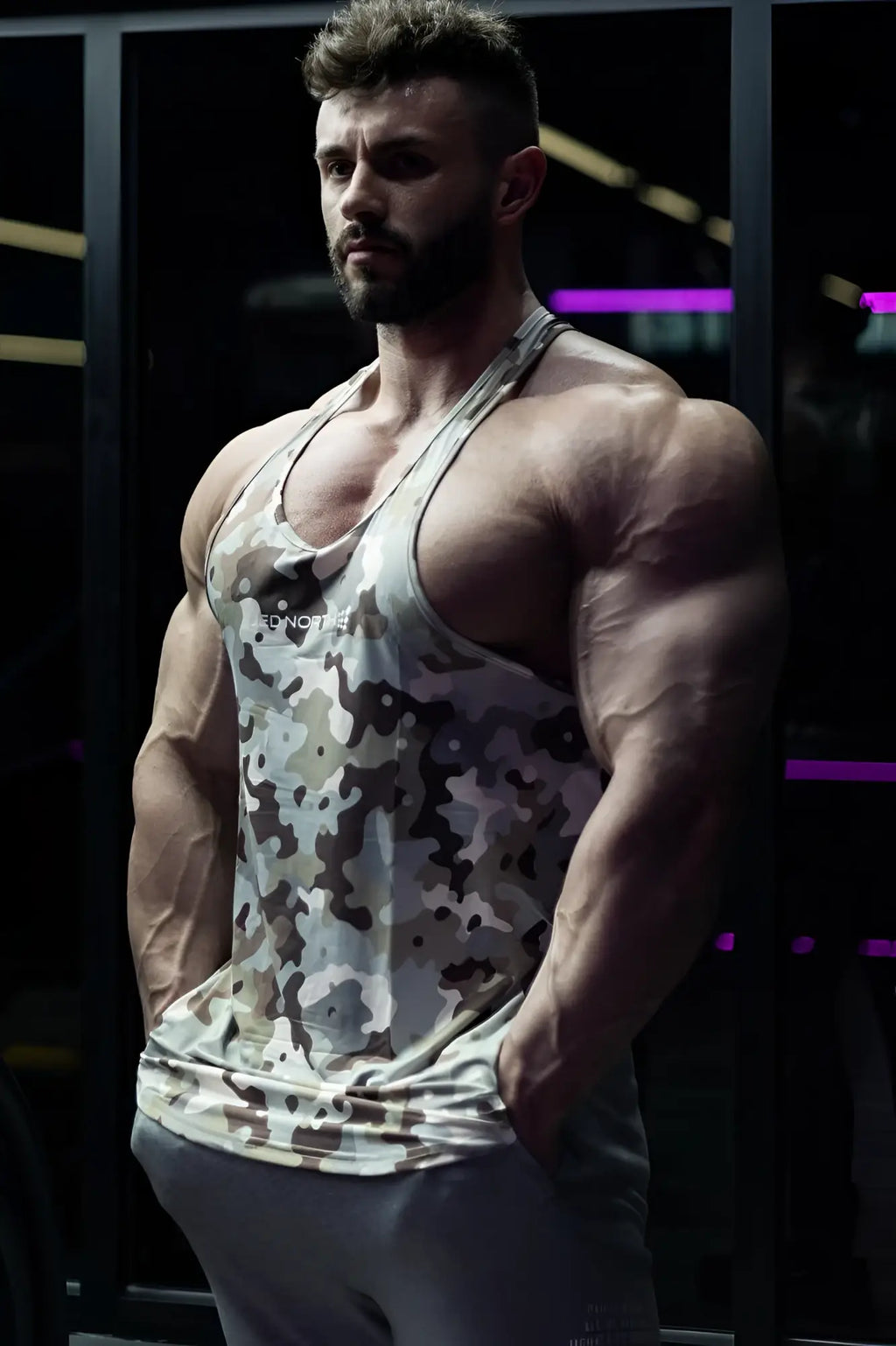 Jed North Graphic Muscle Stringer tank top in khaki camo with beige gray and black camouflage pattern for workout wear