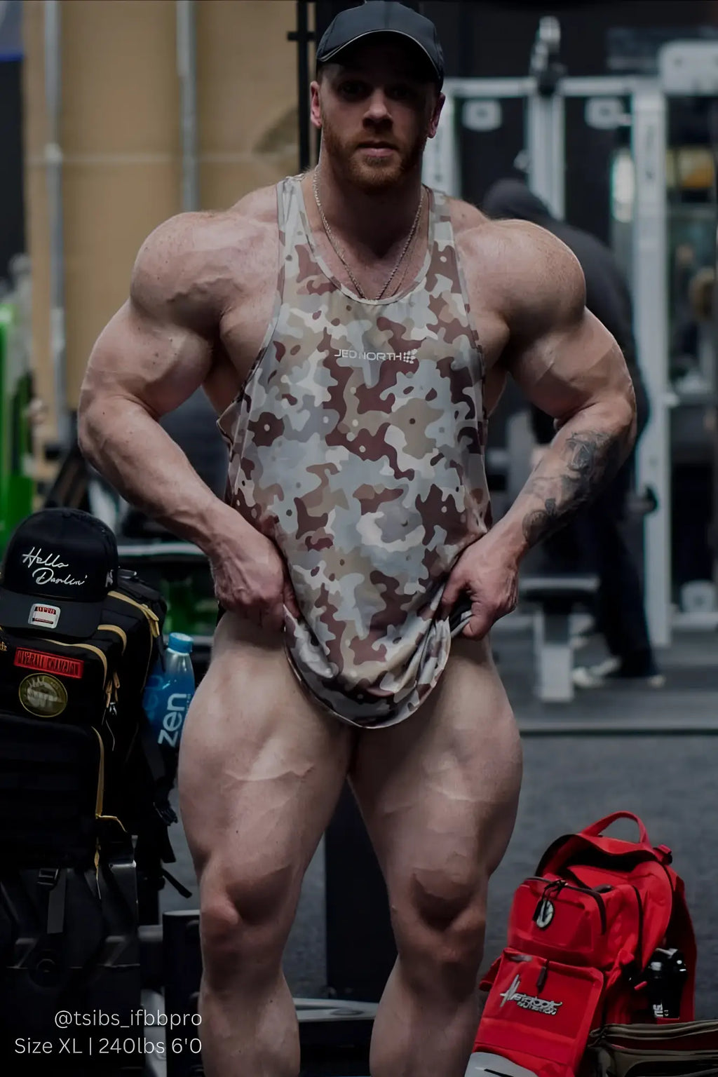 Jed North graphic muscle stringer khaki camo tank top with camouflage pattern and subtle chest logo for workouts