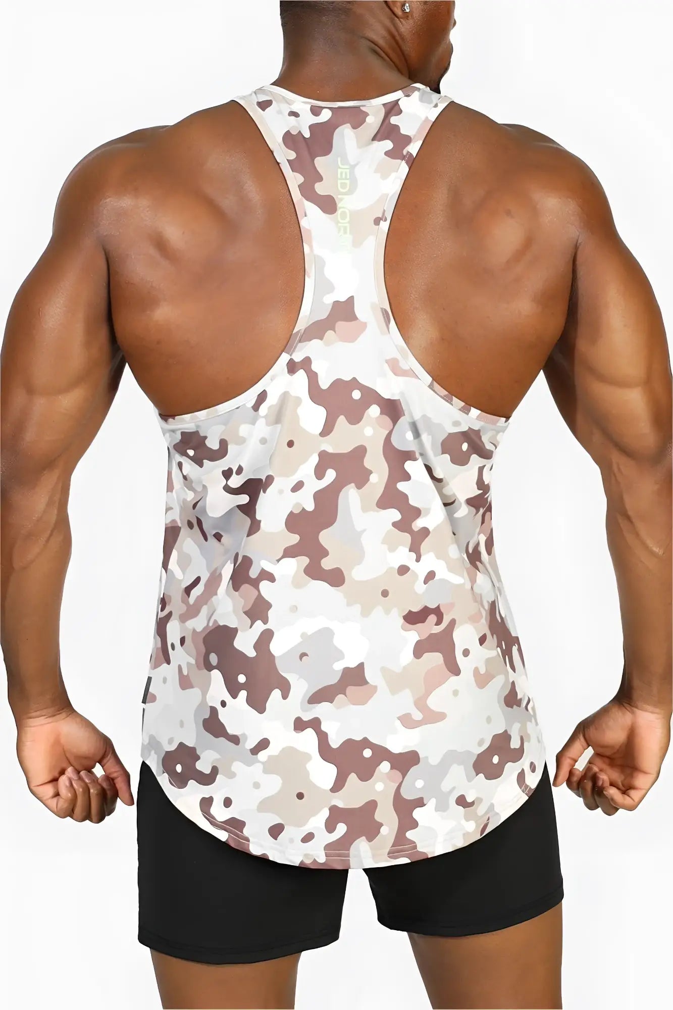 Jed North graphic muscle stringer khaki camo men’s beige brown white camouflage tank top with racerback design shown from back