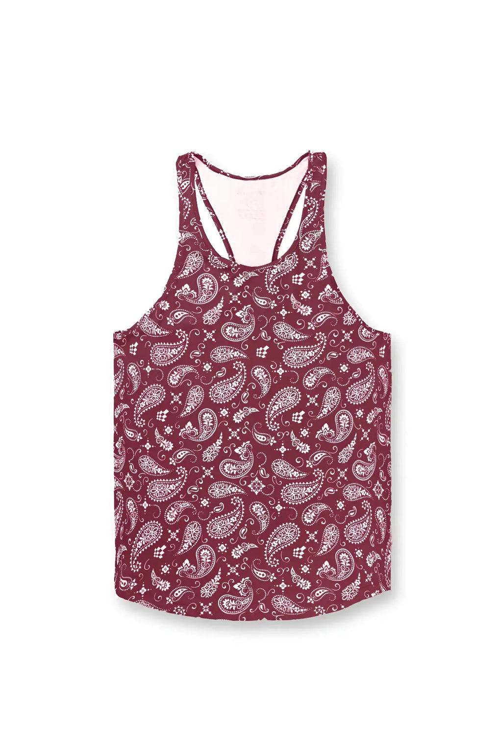 Jed north graphic muscle stringer maroon paisley racerback tank top with white bandana and floral motifs